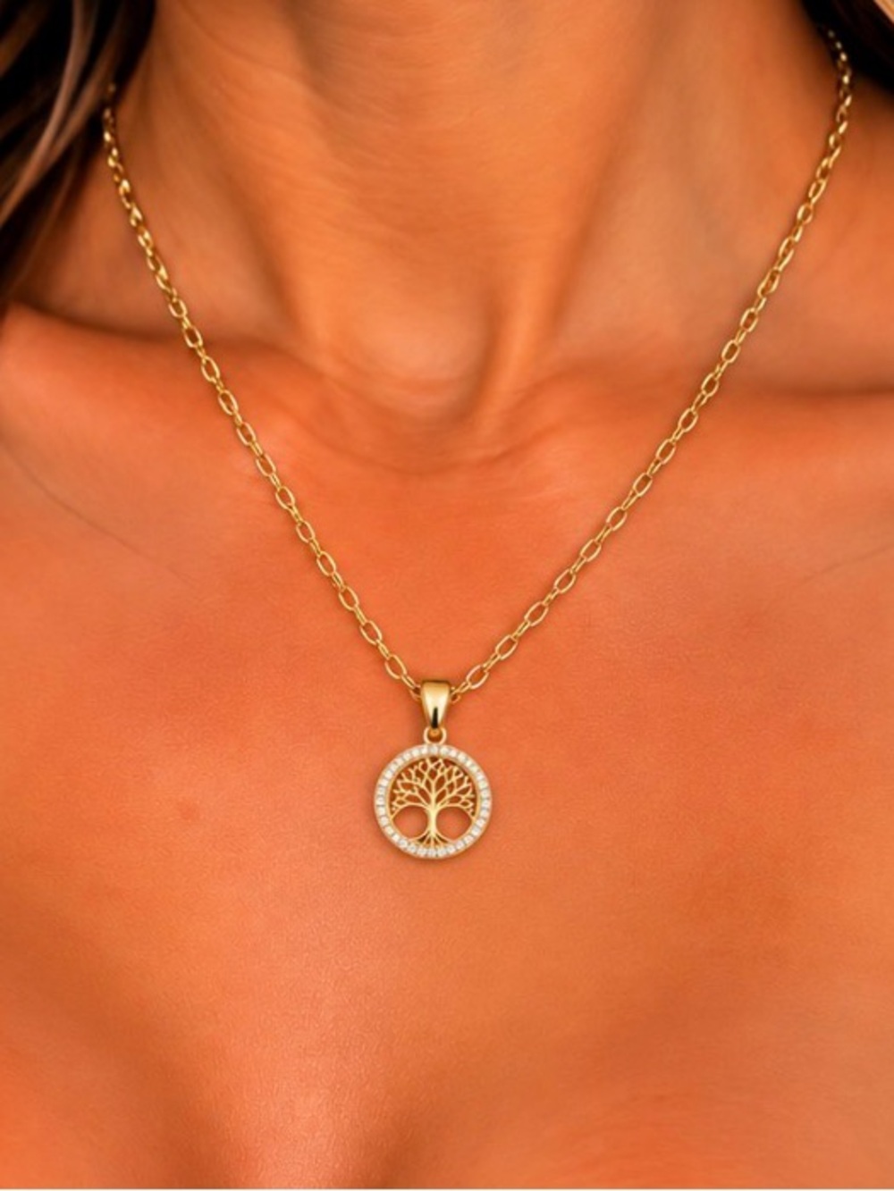 Gold Plated Tree of Life Round Charm Pendant Necklace